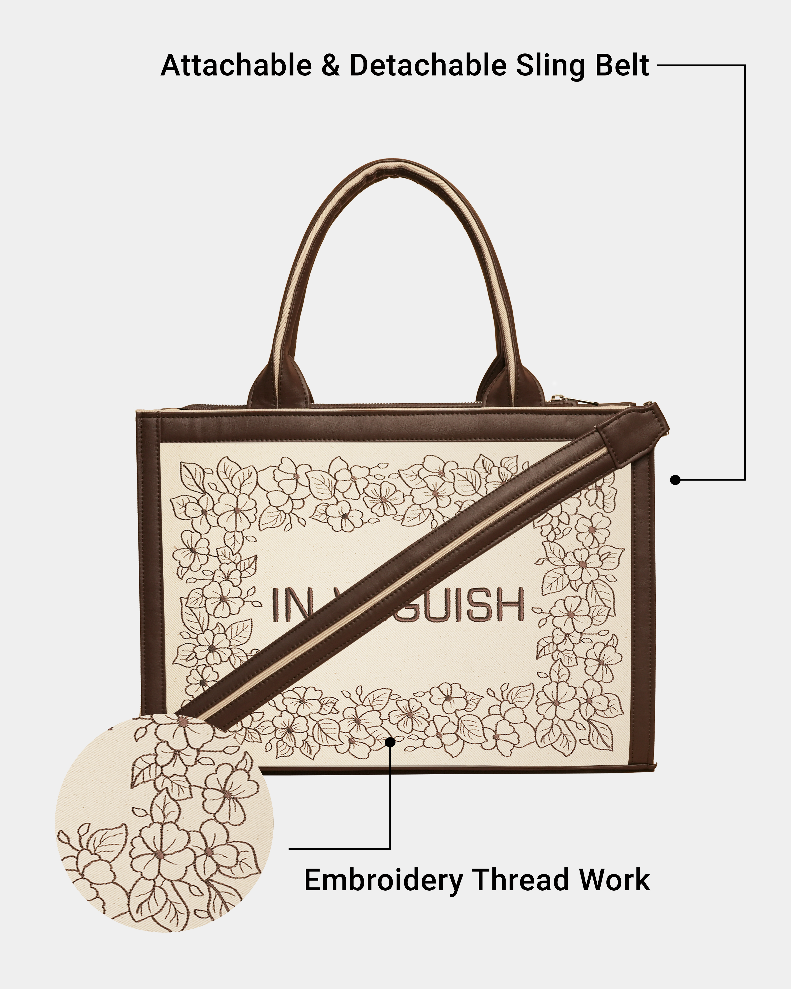 Elegant Floral Bliss Dark Brown Embroidered Tote Bag