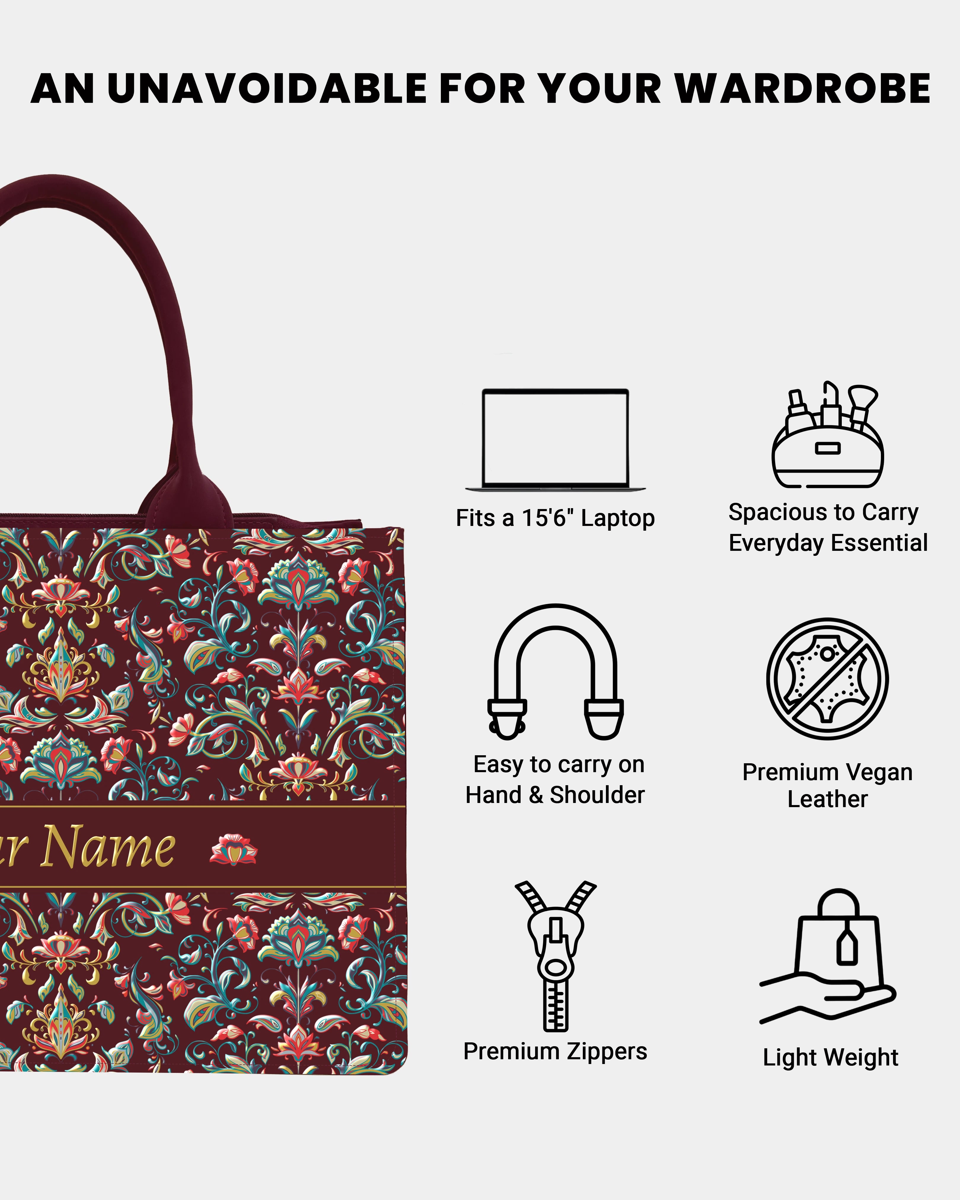 Rich wine Floral Artwork Embossed Customized Tote Bag