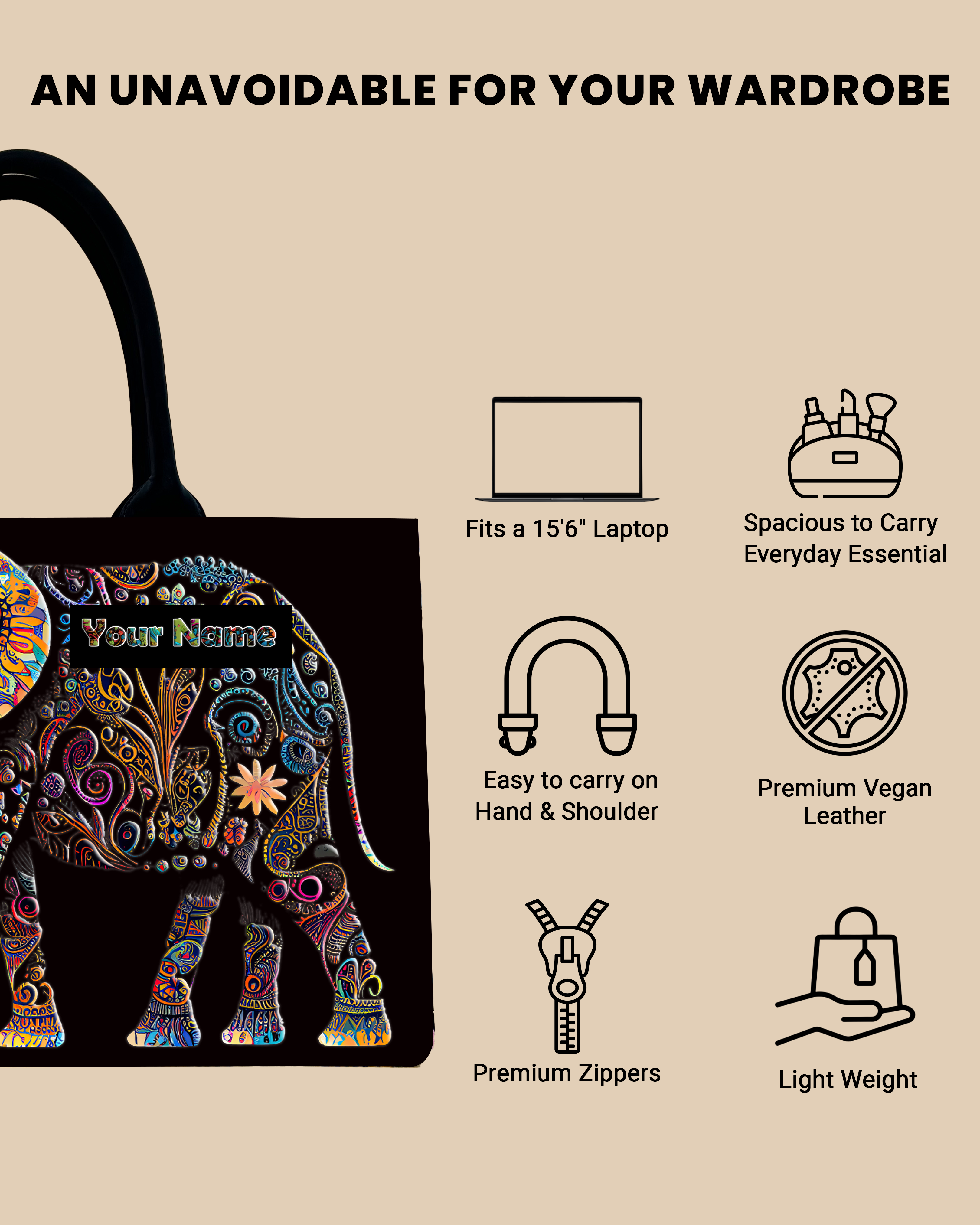 Customized Tote Bag  Designed with Baby And Mother Elephant Pattern