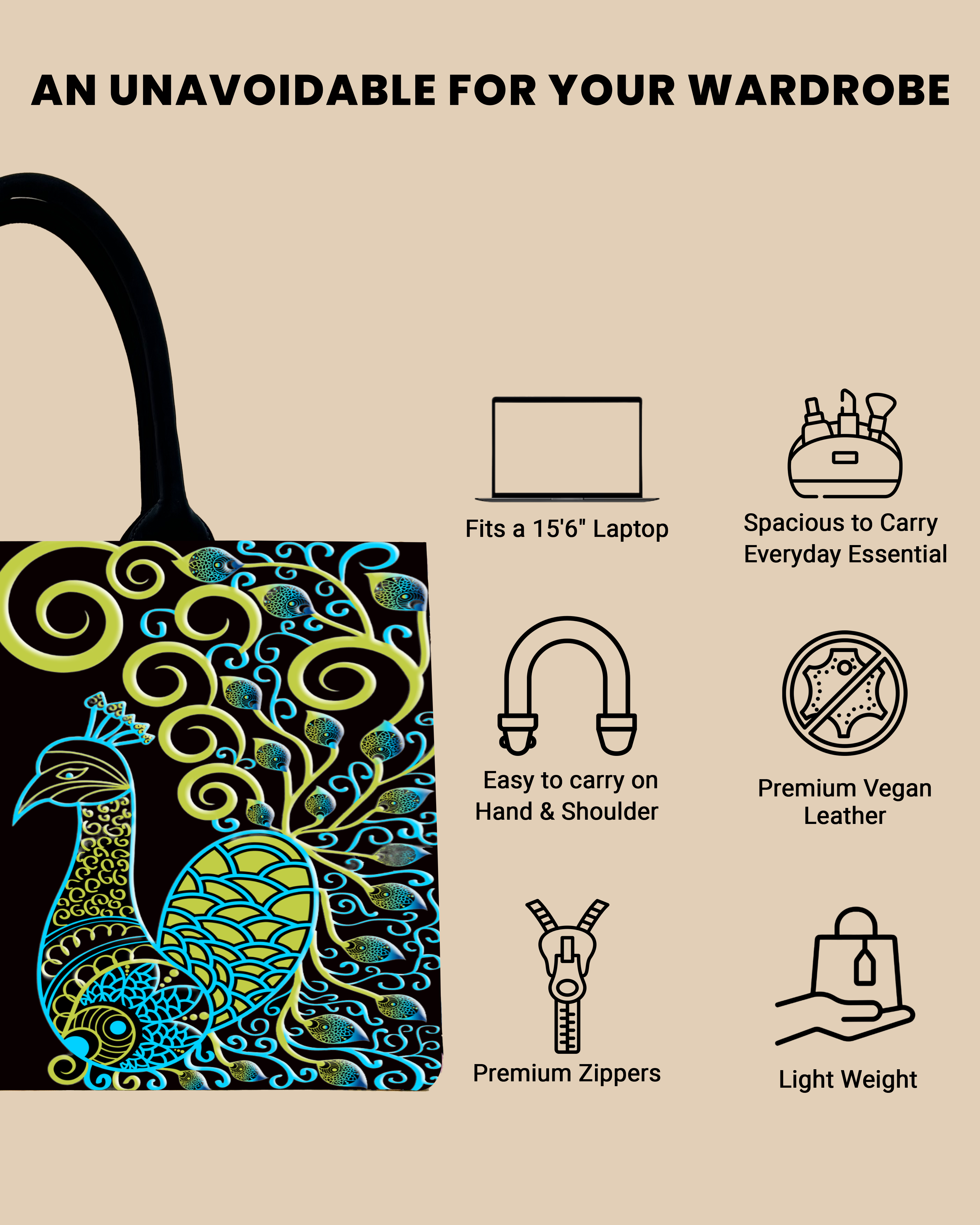 Customized Tote Bag  Designed with Artistic mandala peacock