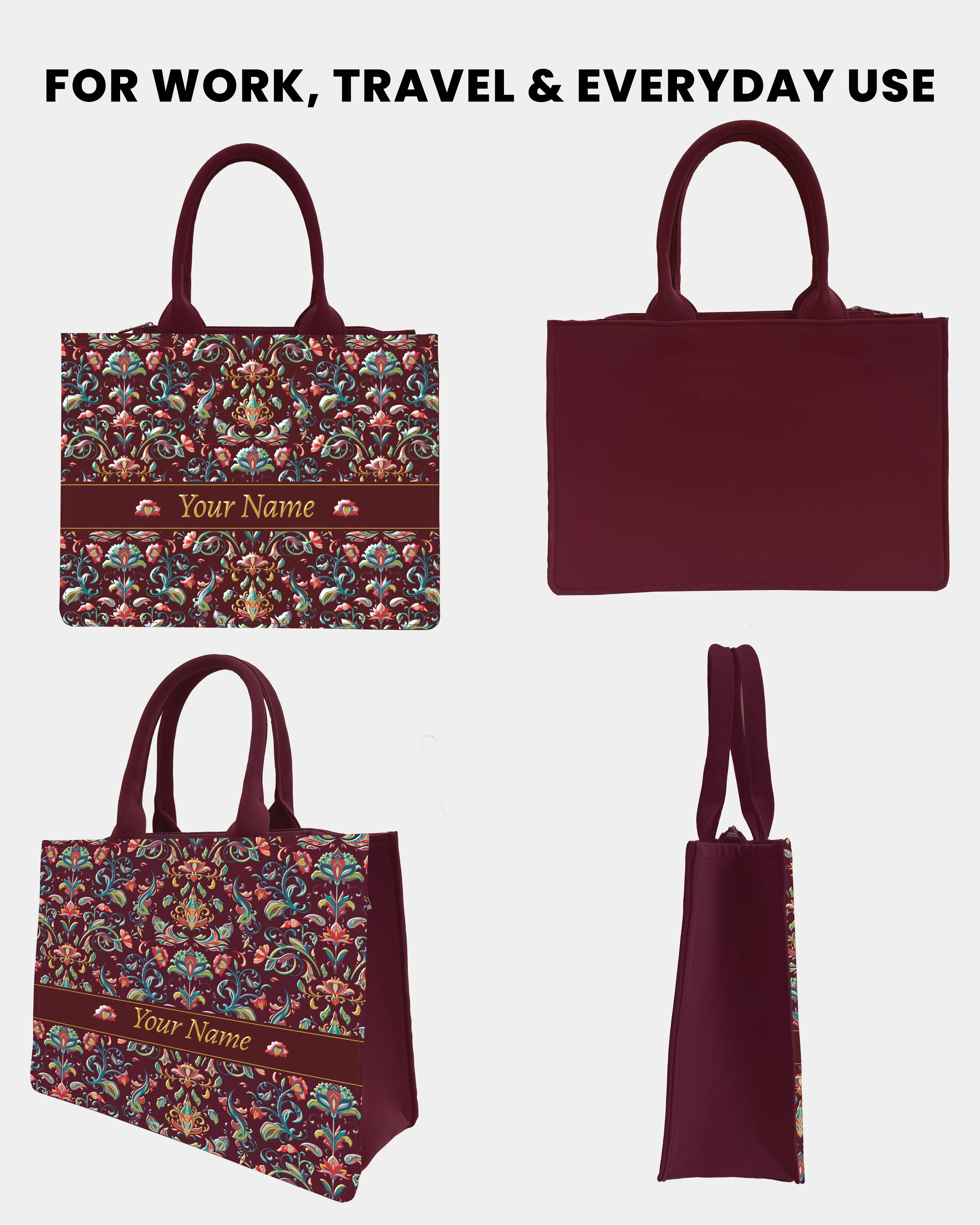 Rich wine Floral Artwork Embossed Customized Tote Bag