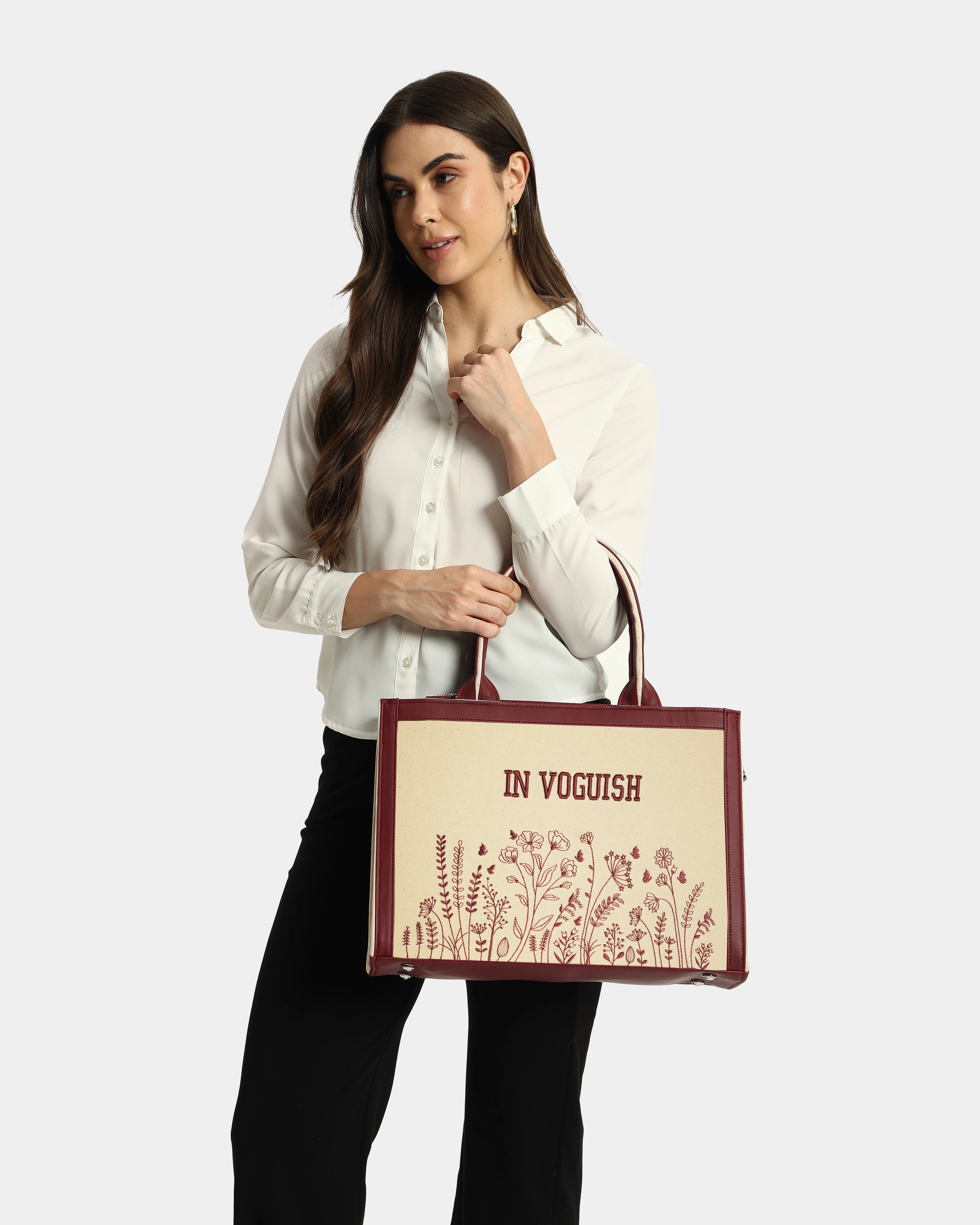 Burgundy Floral Garden Customized Embroidered Tote Bag