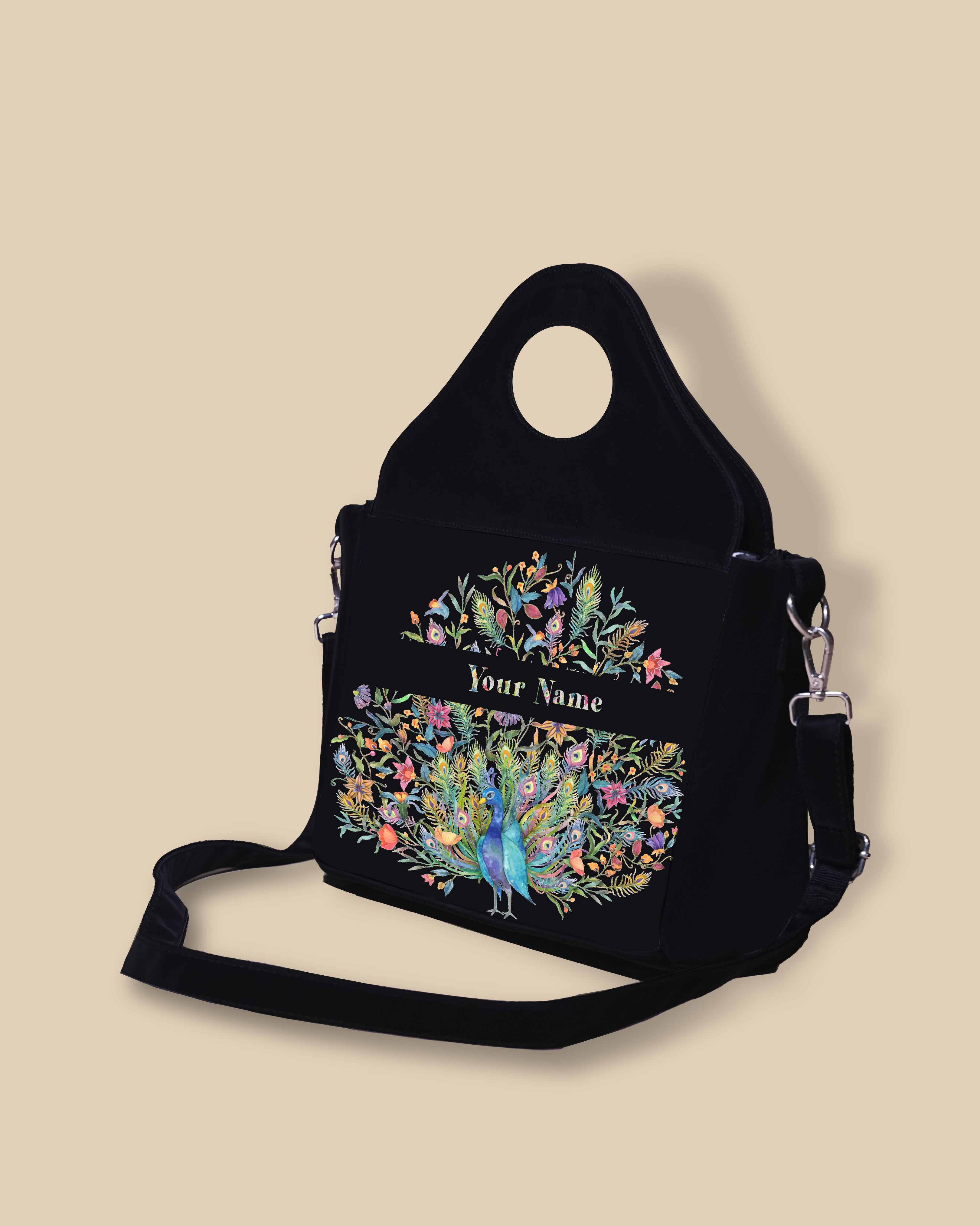 Up Embossed Peacock Design on Leather Personalized Sling Purse