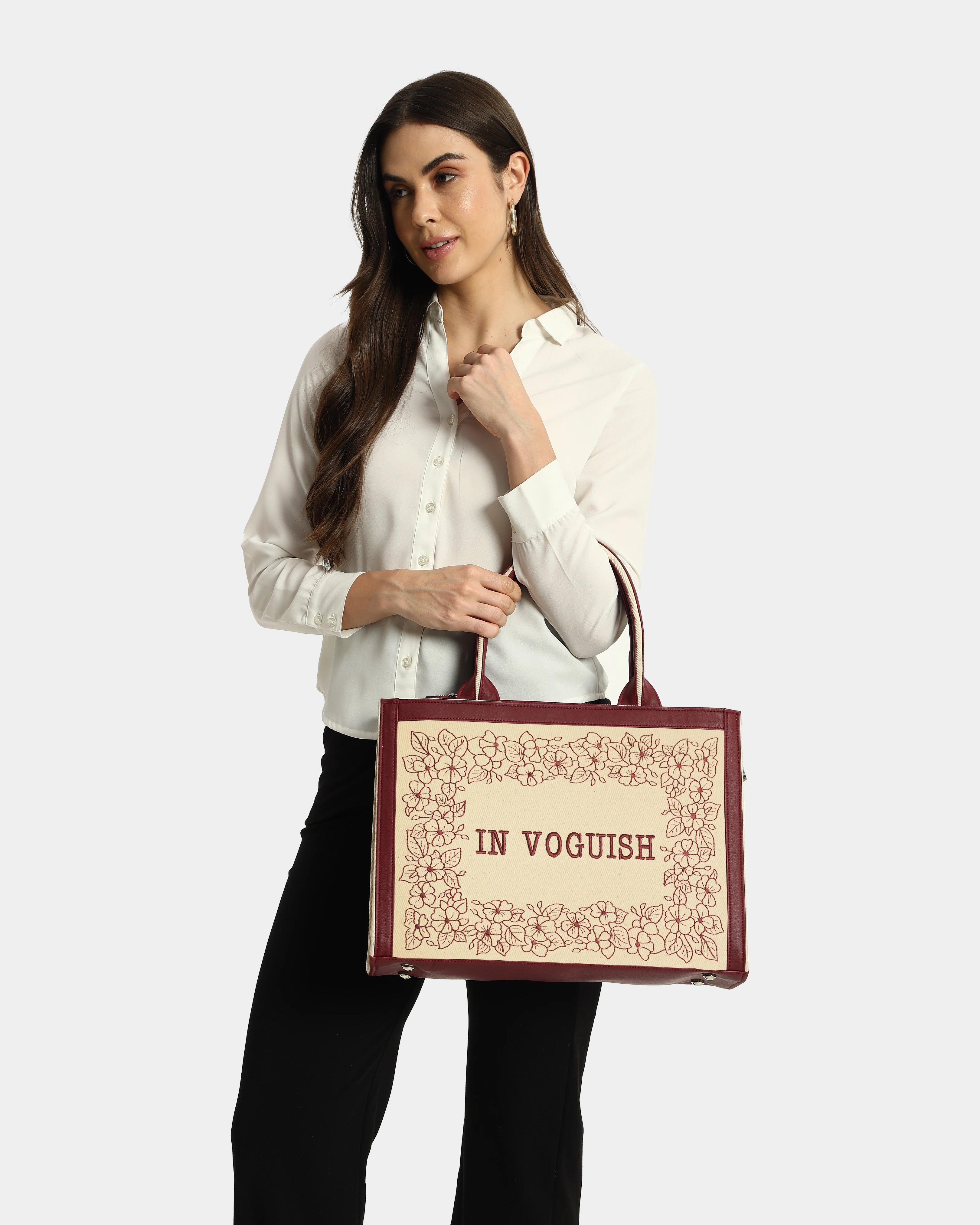 Designer Floral Pattern Wine Embroidered Tote Bag