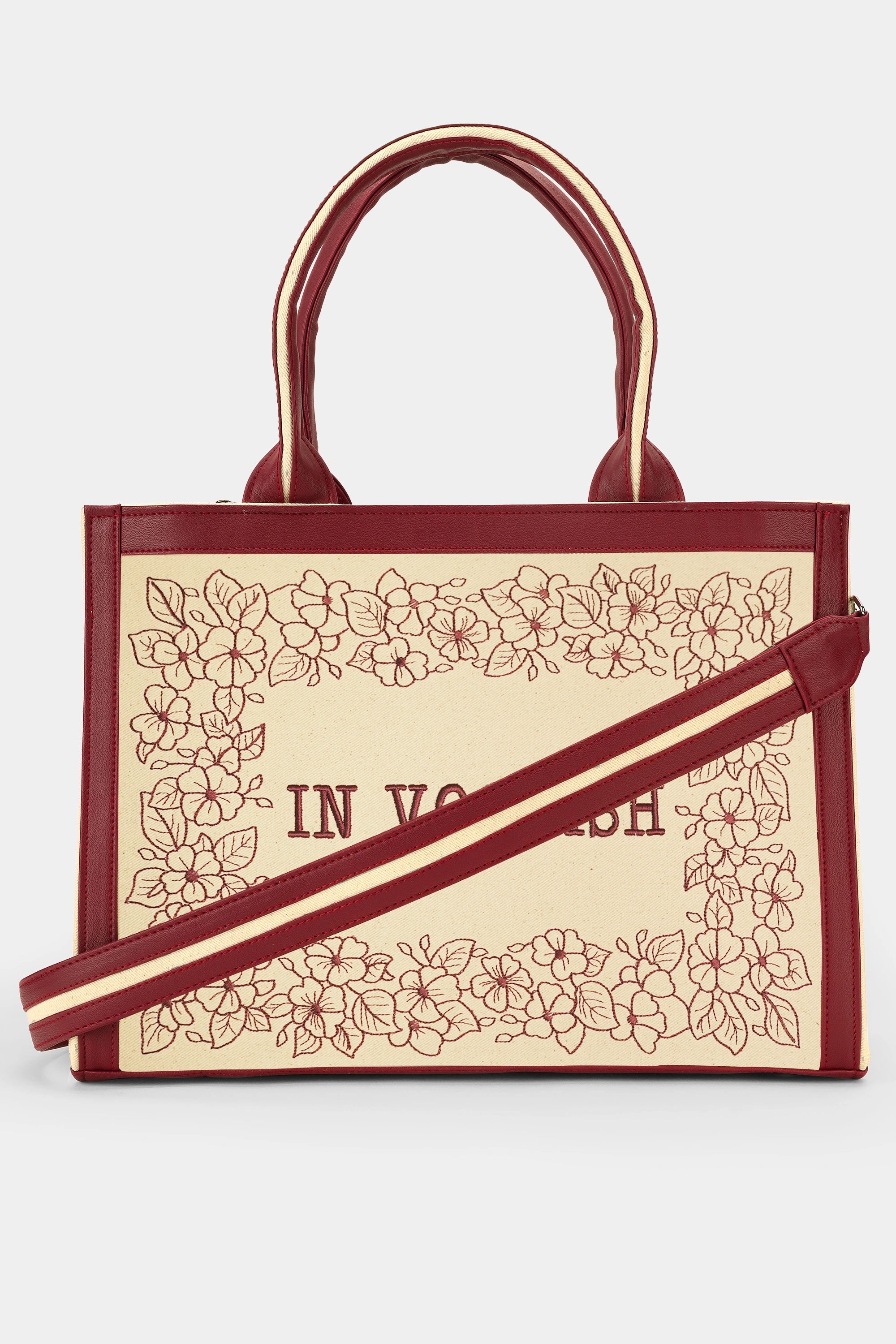 Designer Floral Pattern Wine Embroidered Tote Bag