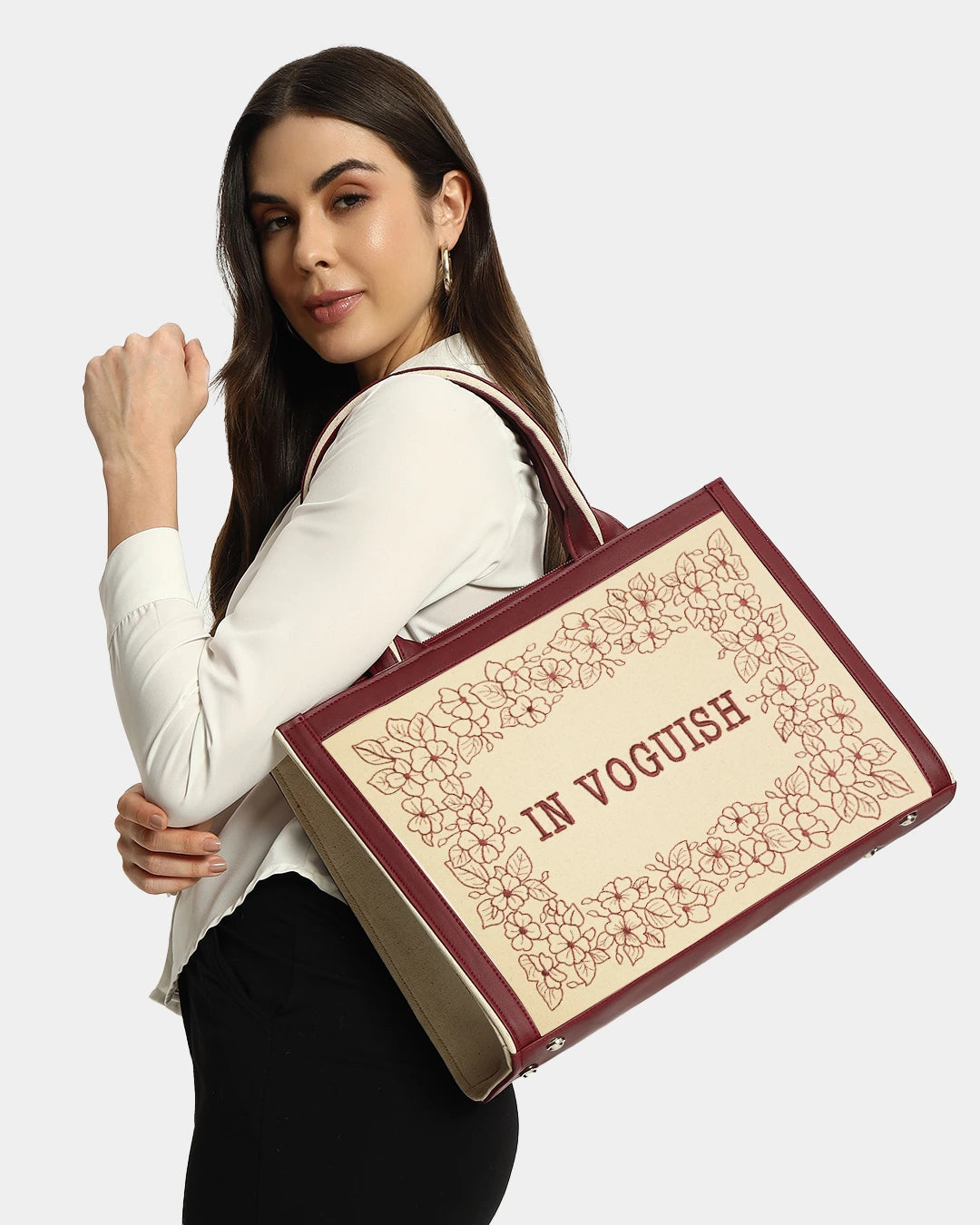 Designer Floral Pattern Wine Embroidered Tote Bag