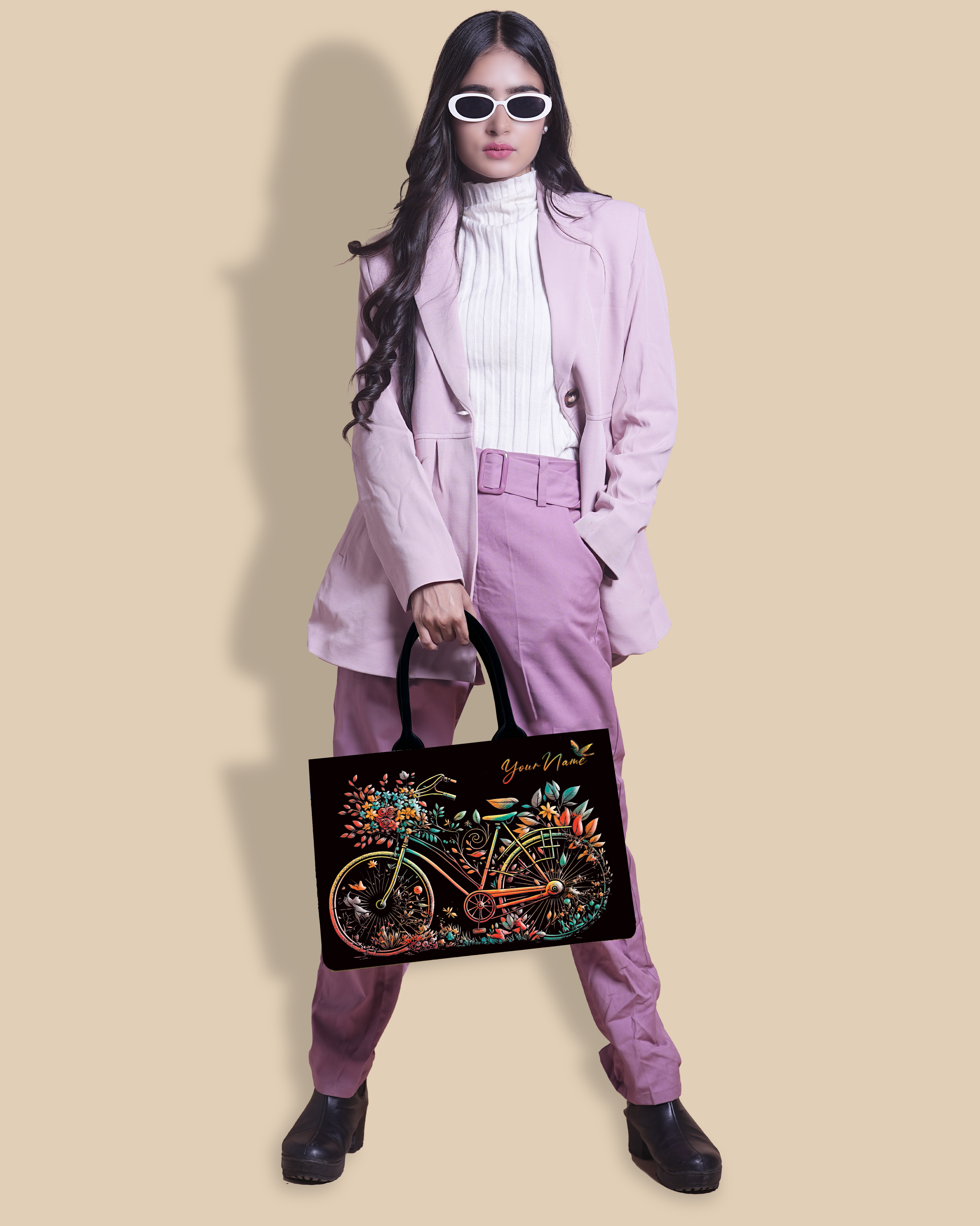 Customized Tote Bag Designed With Growing Nature On Colourfull Bicycle