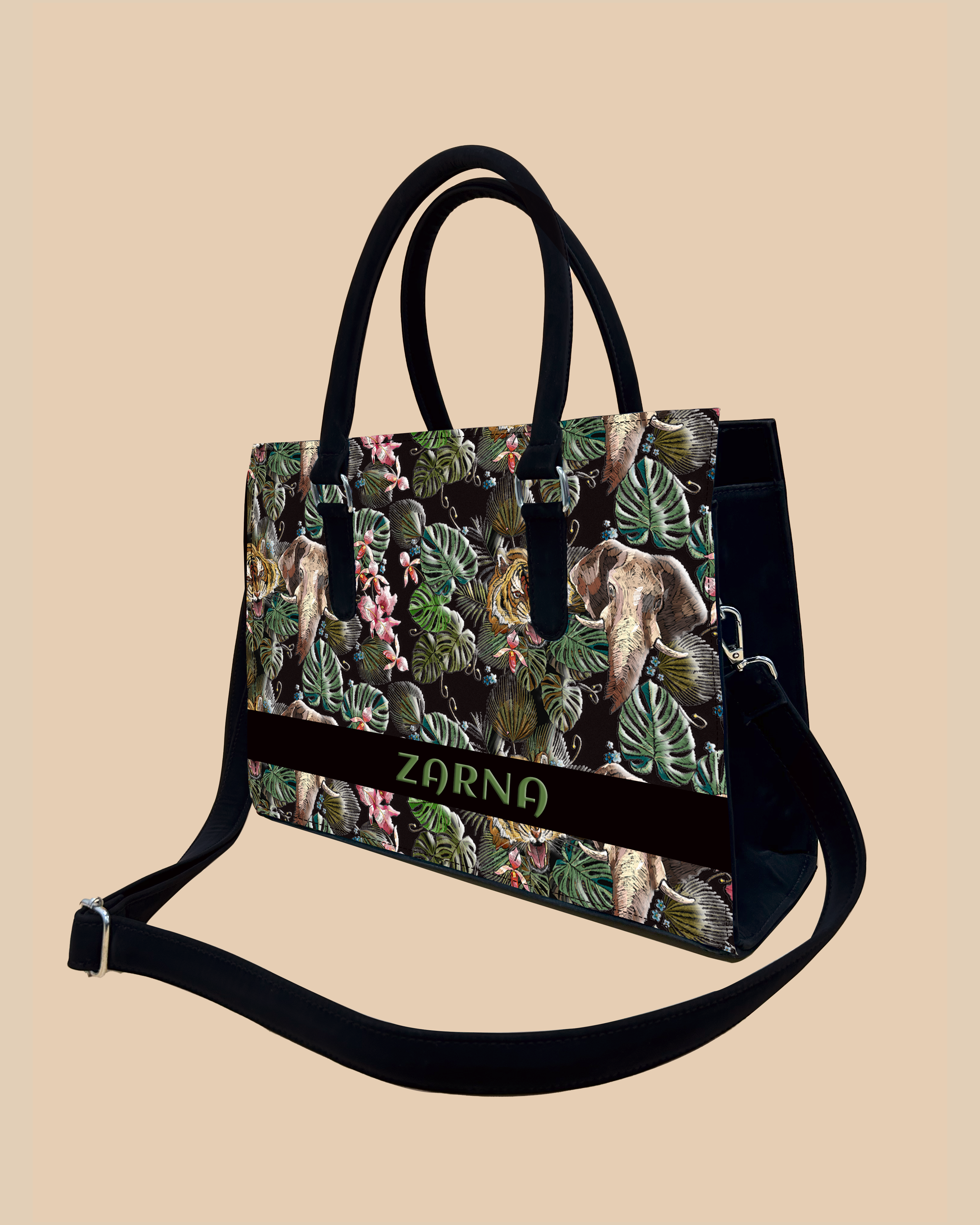 Palm Leaves, Tiger And Elephant Designer Sling Tote