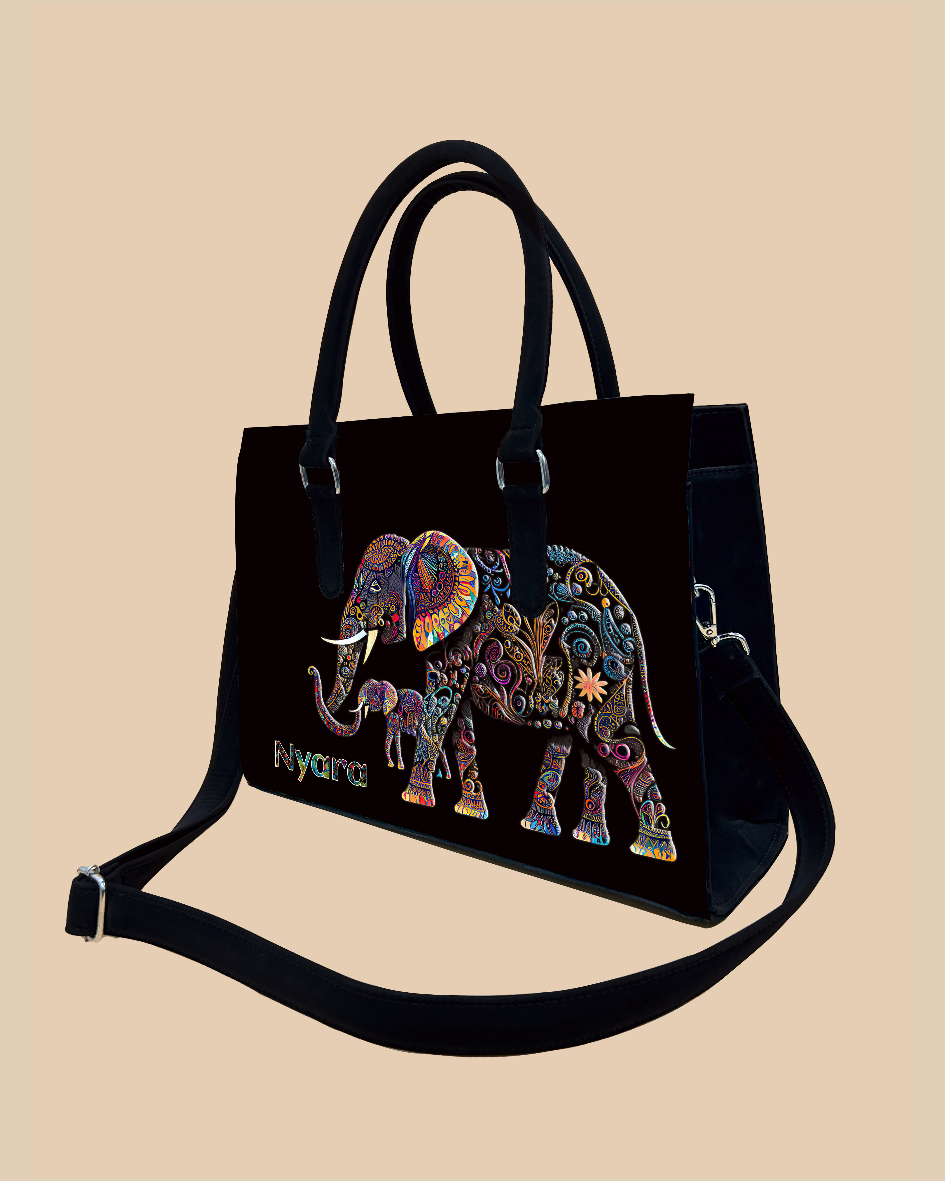 Baby And Mother Elephant Pattern Designer Sling Tote