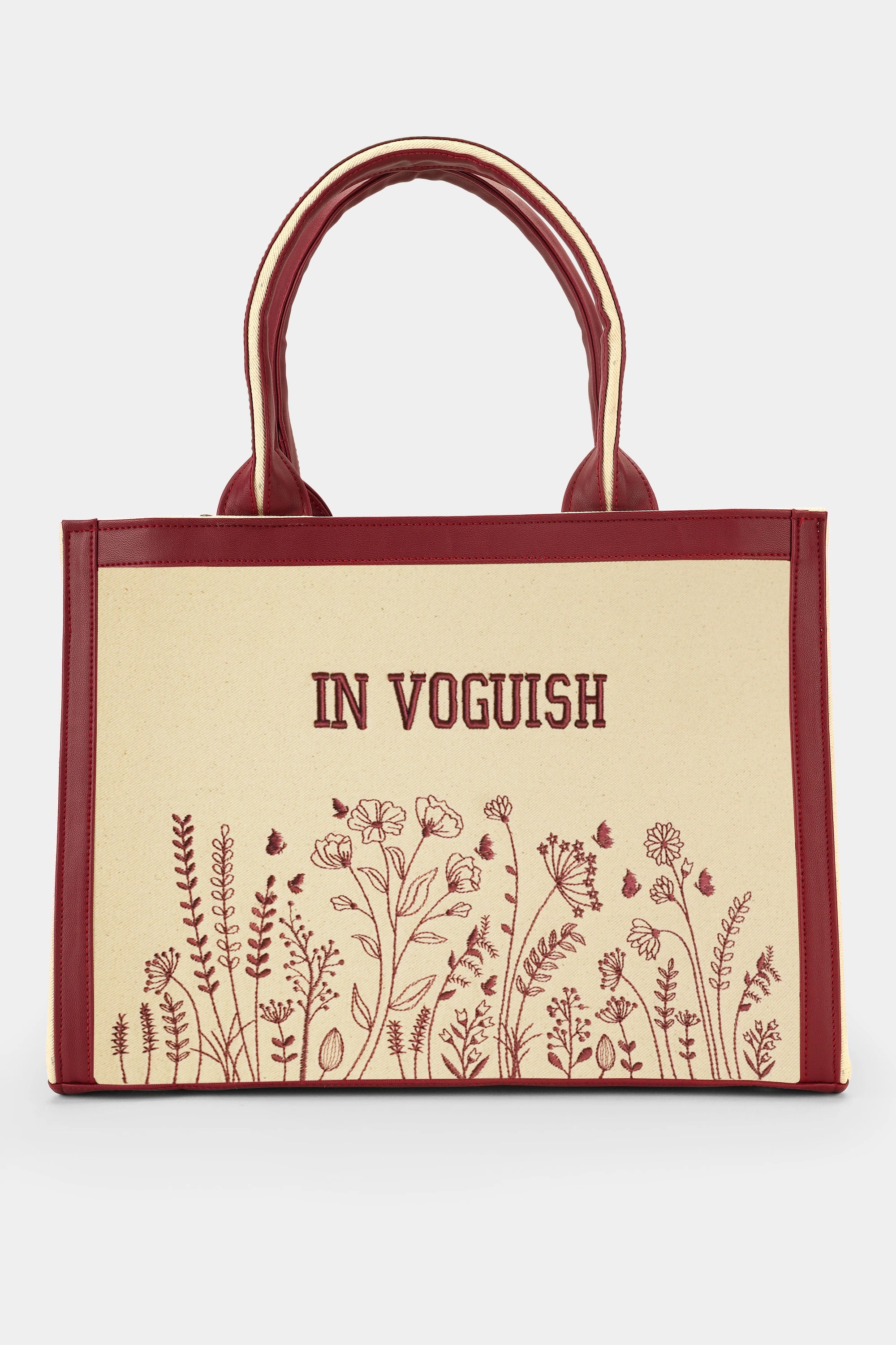 Burgundy Floral Garden Customized Embroidered Tote Bag