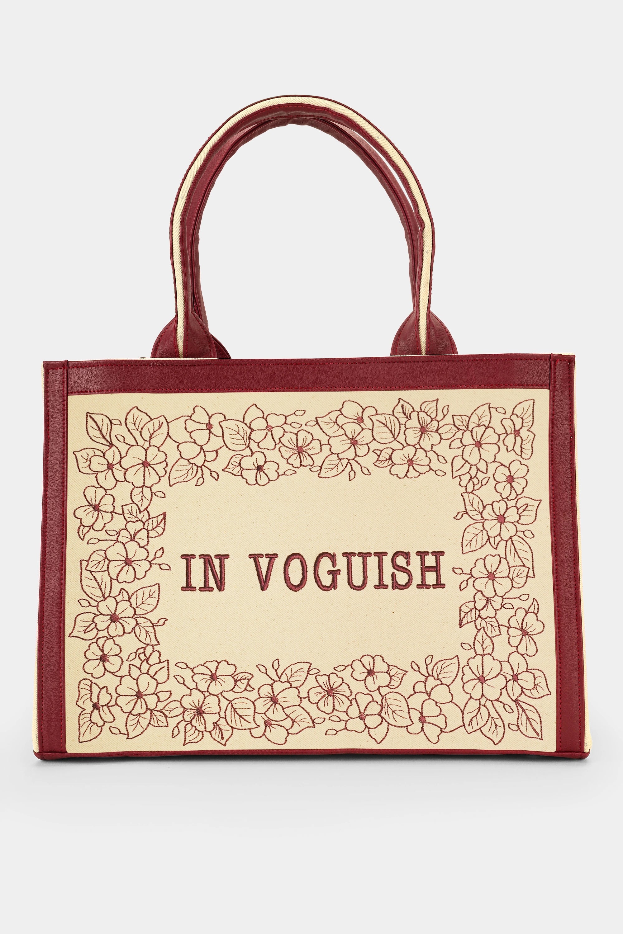 Designer Floral Pattern Wine Embroidered Tote Bag