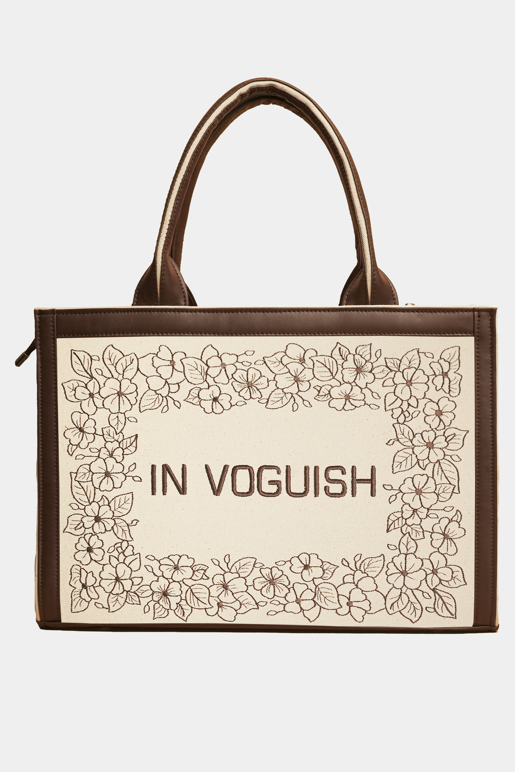 Elegant Floral Bliss Dark Brown Embroidered Tote Bag