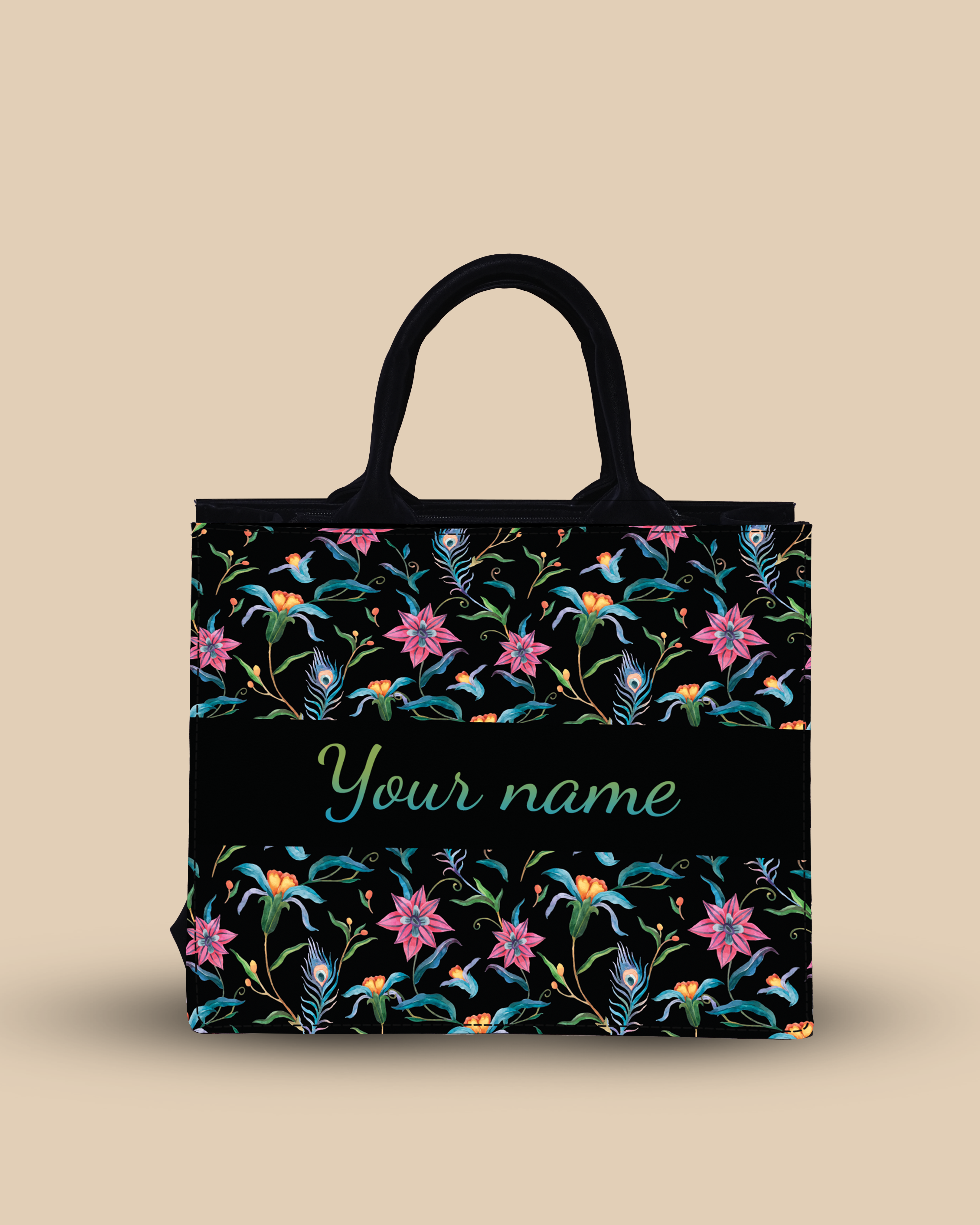 Customized Small Tote Bag Designed with Lily, Paradise Flowers And Peacock Feather