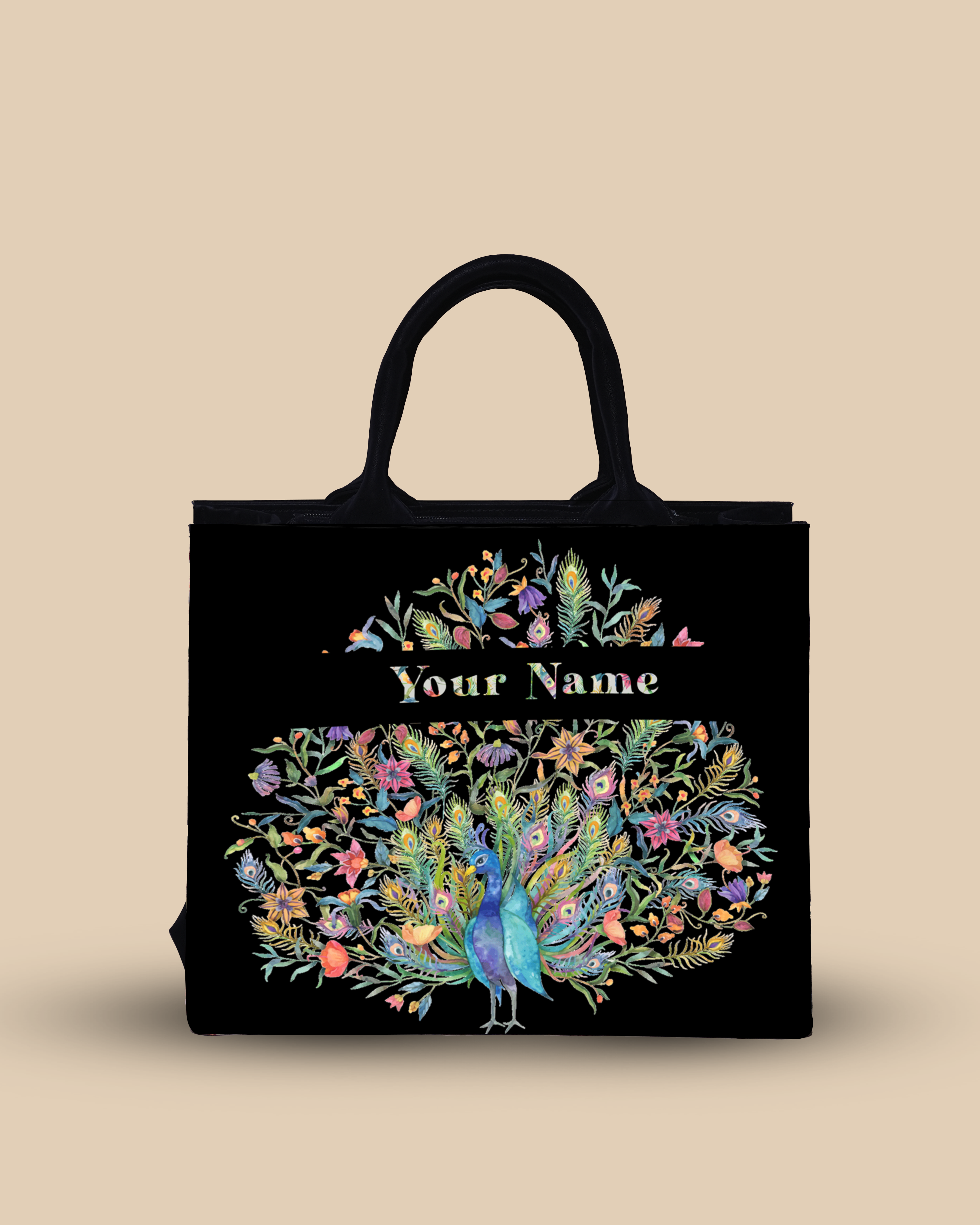 Up Embossed Peacock Design on Leather Personalized Small Tote Bag