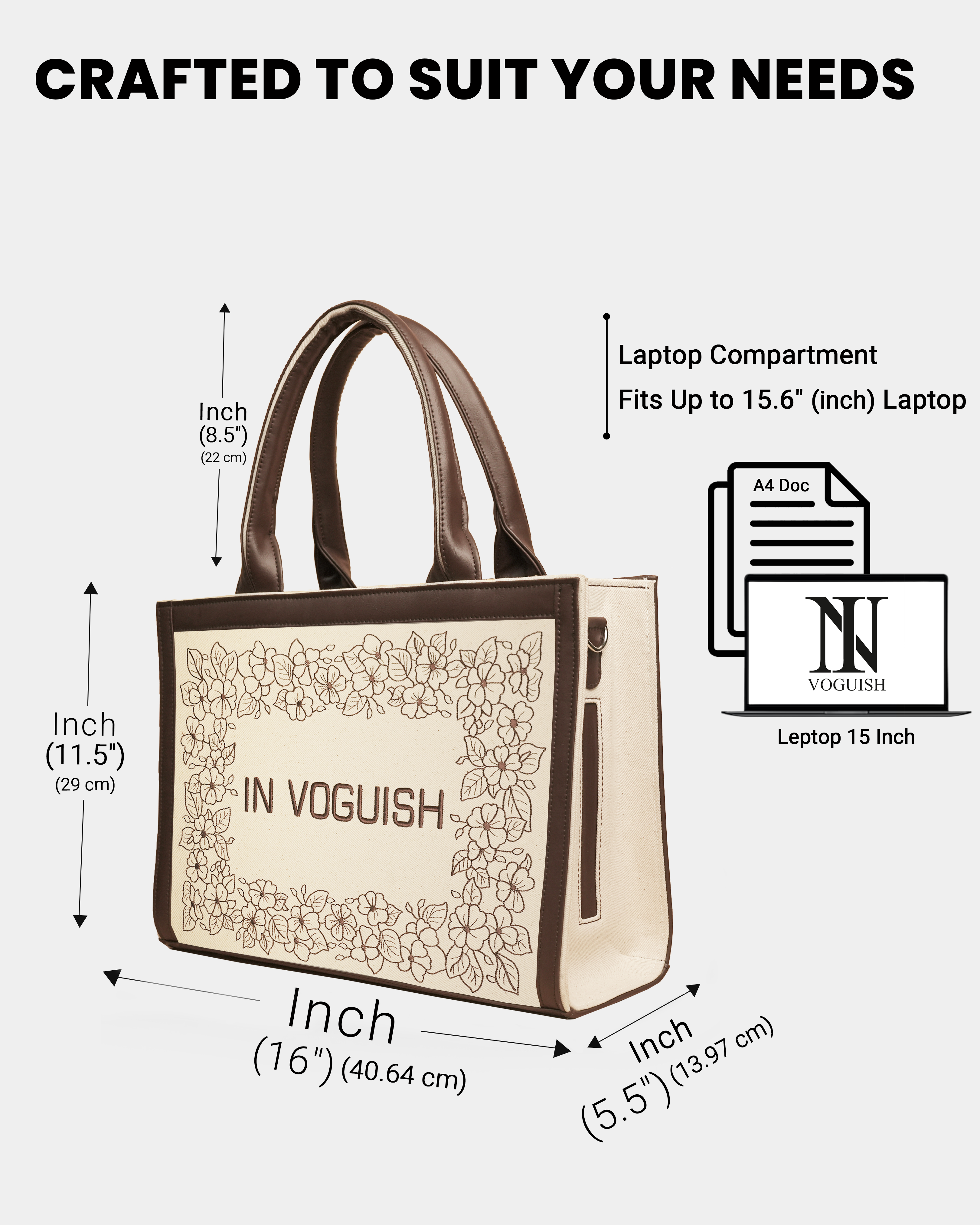 Elegant Floral Bliss Dark Brown Embroidered Tote Bag