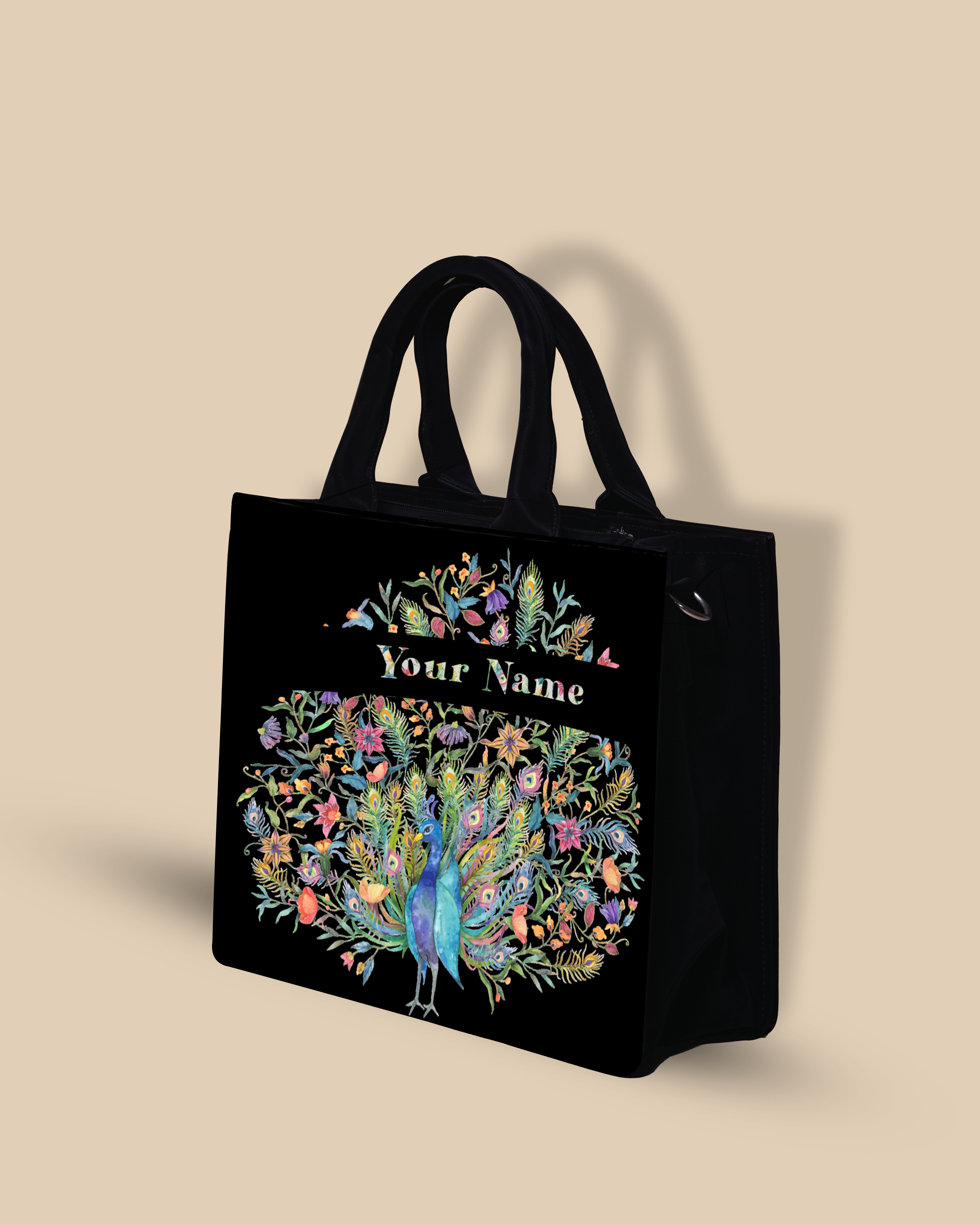 Up Embossed Peacock Design on Leather Personalized Small Tote Bag