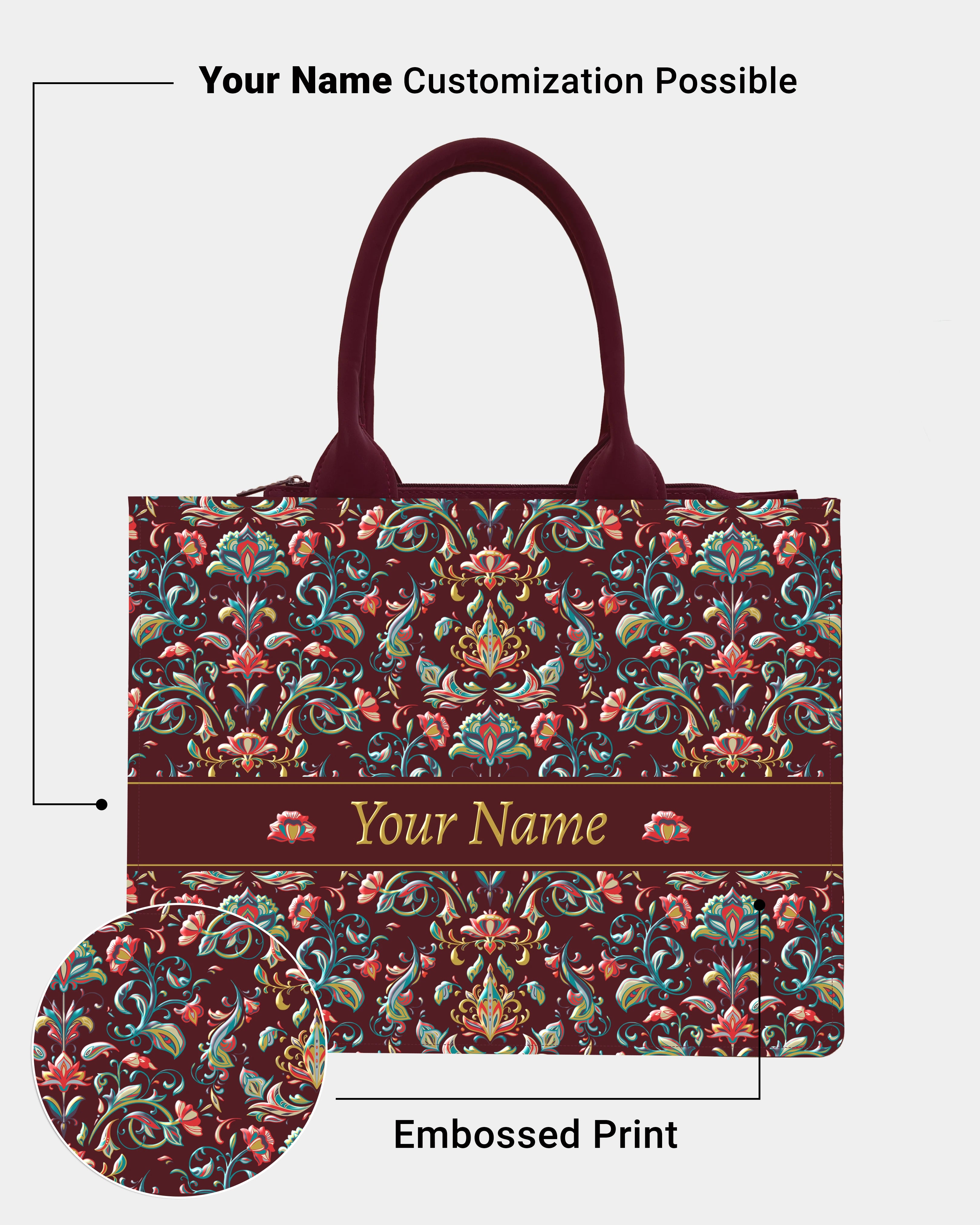 Rich wine Floral Artwork Embossed Customized Tote Bag