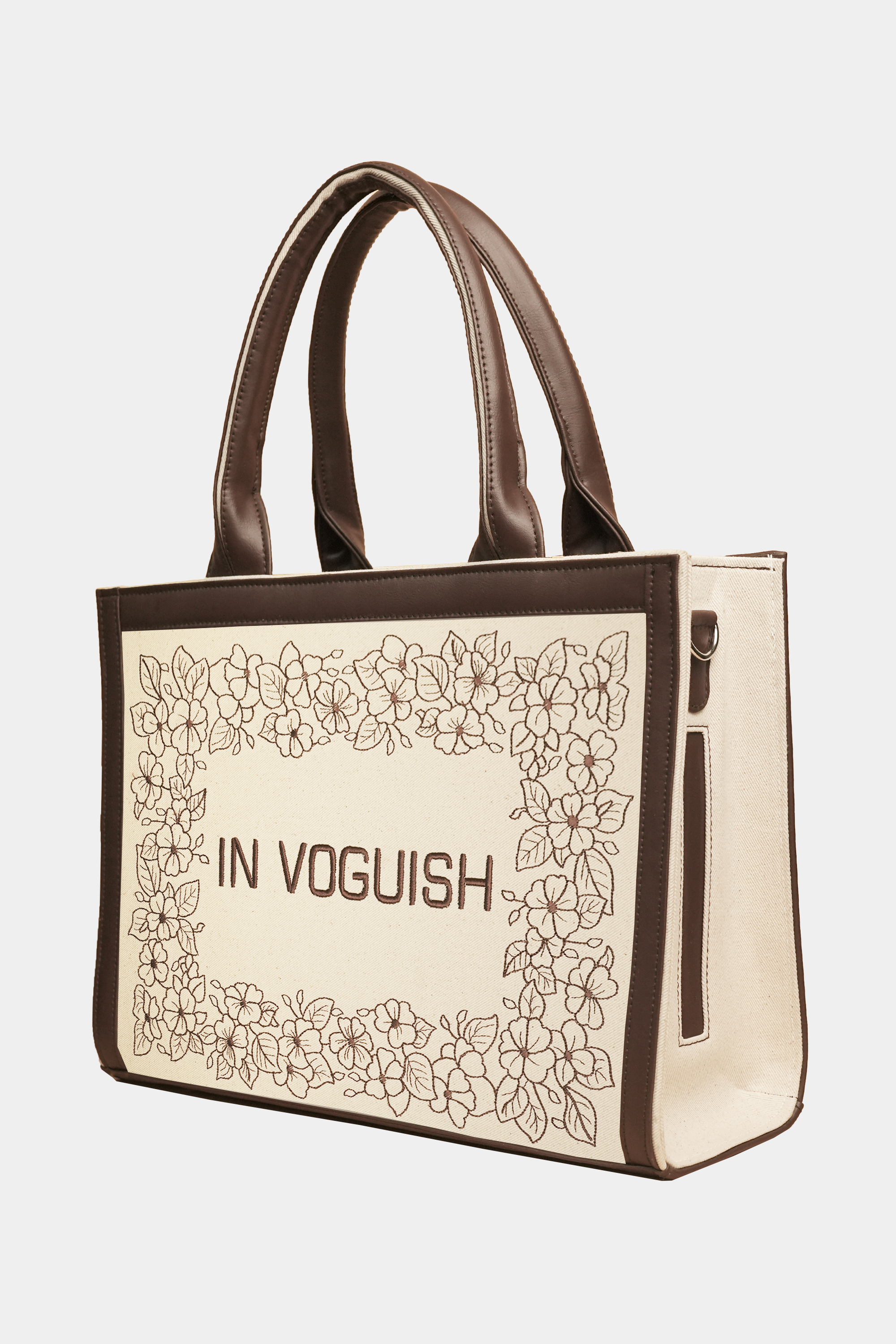 Elegant Floral Bliss Dark Brown Embroidered Tote Bag