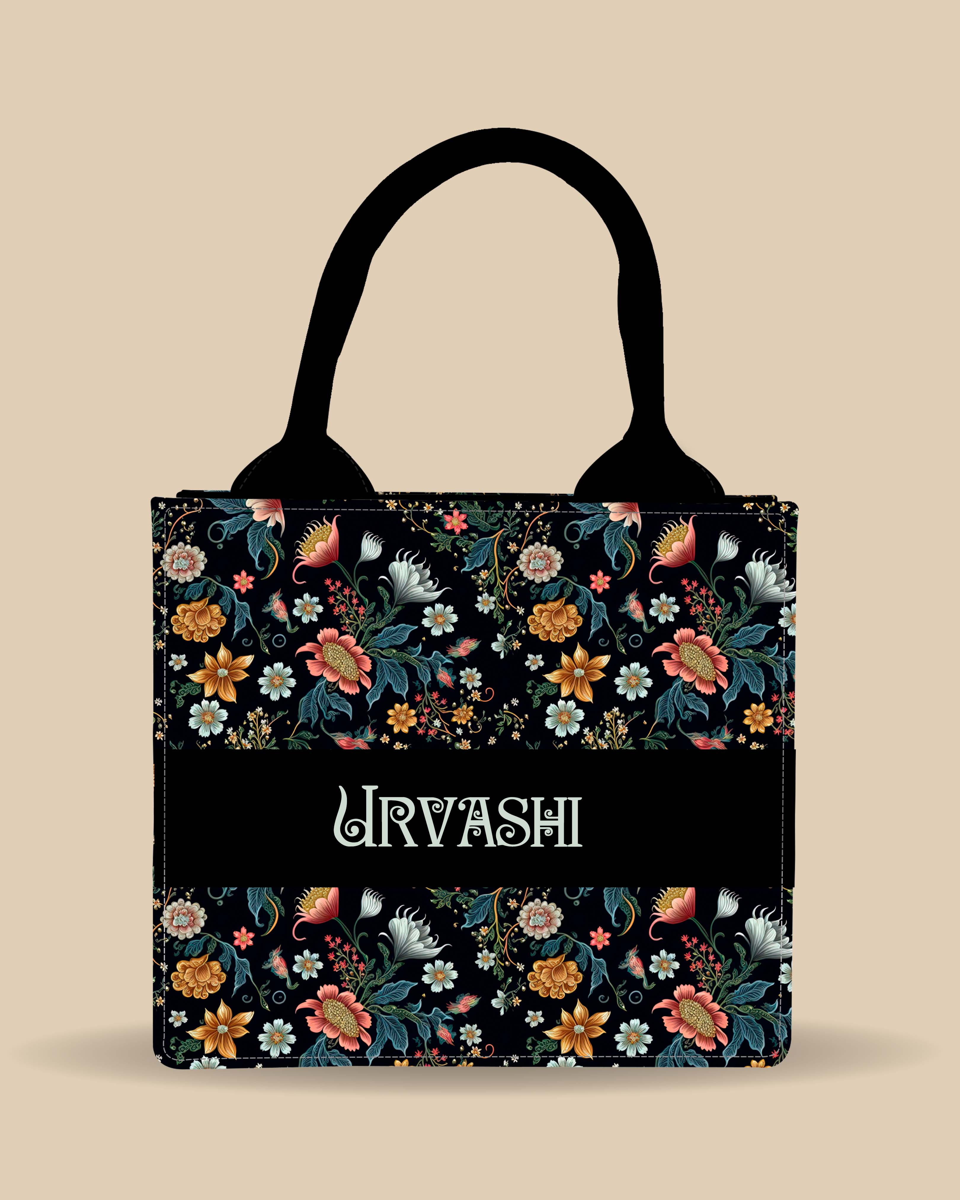 Customized Small Tote Bag Designed With Intricate Floral Pattern And Elegant Flower