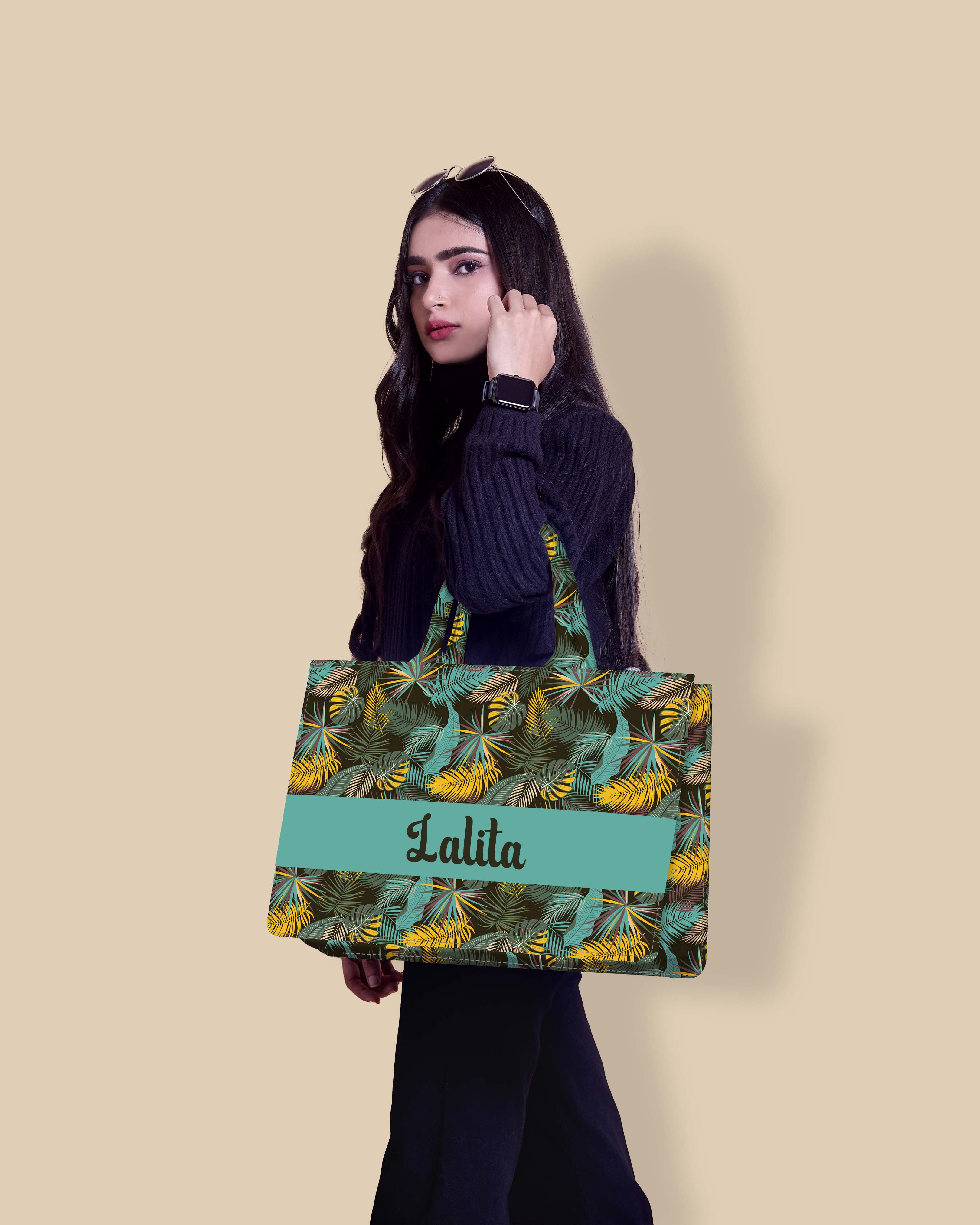 Customized Tote Bag Designed With Colourfull Tropical And Vintage Palm Leaves