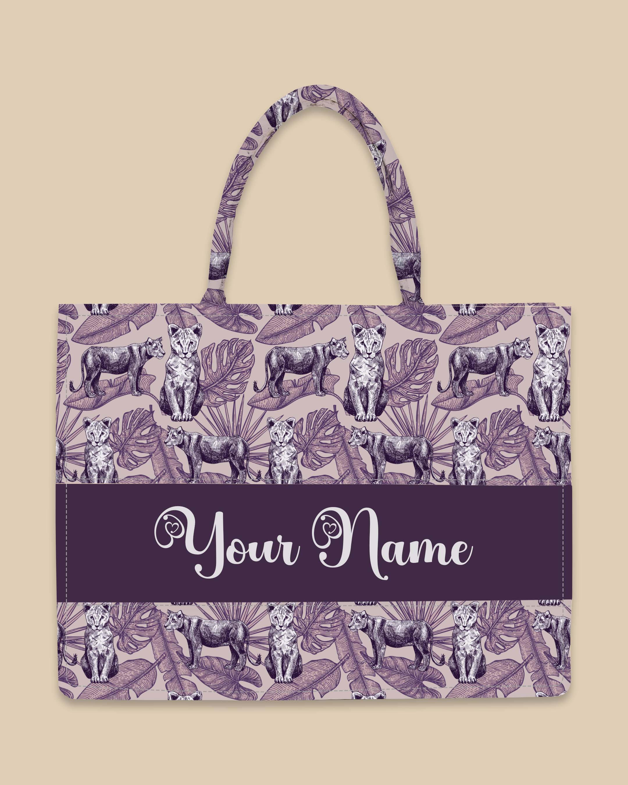 Customized Tote Bag Designed With Lion And Leaves In Engraving Style