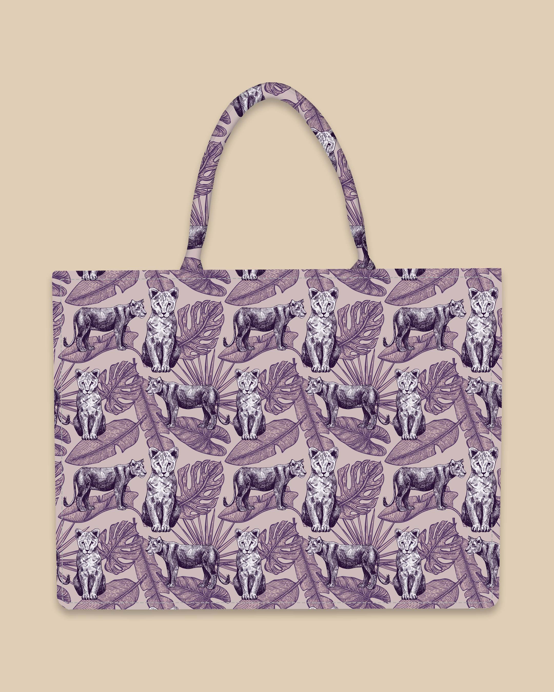 Customized Tote Bag Designed With Lion And Leaves In Engraving Style