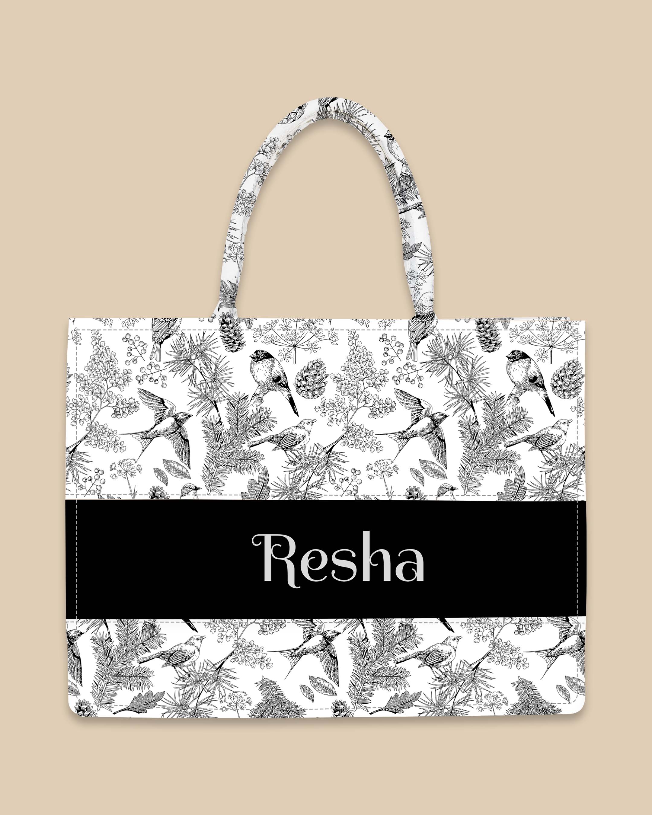 Customized Tote Bag Designed With Sparrow And Flower Leaf