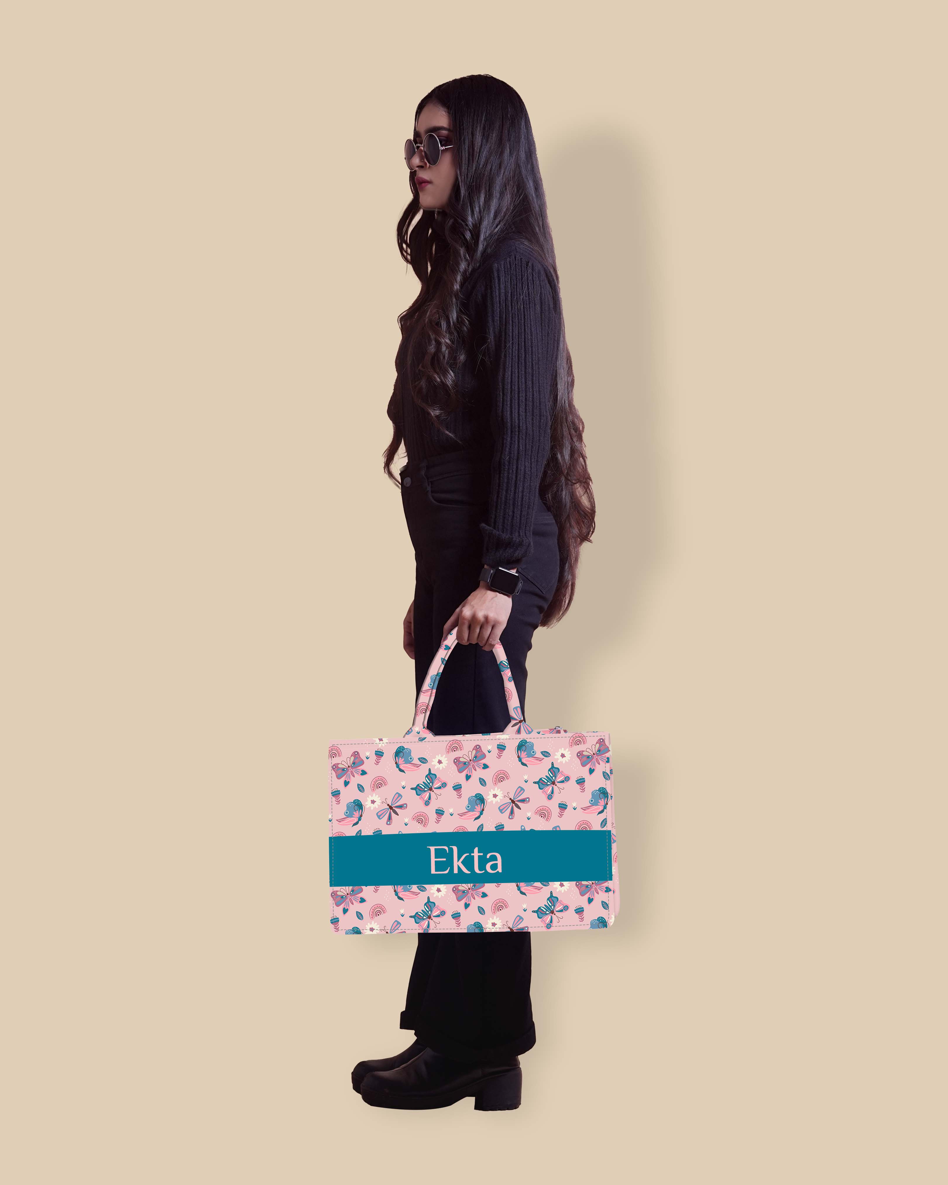 Customized Tote Bag Designed with Elegant Blues And Pink Butterflies