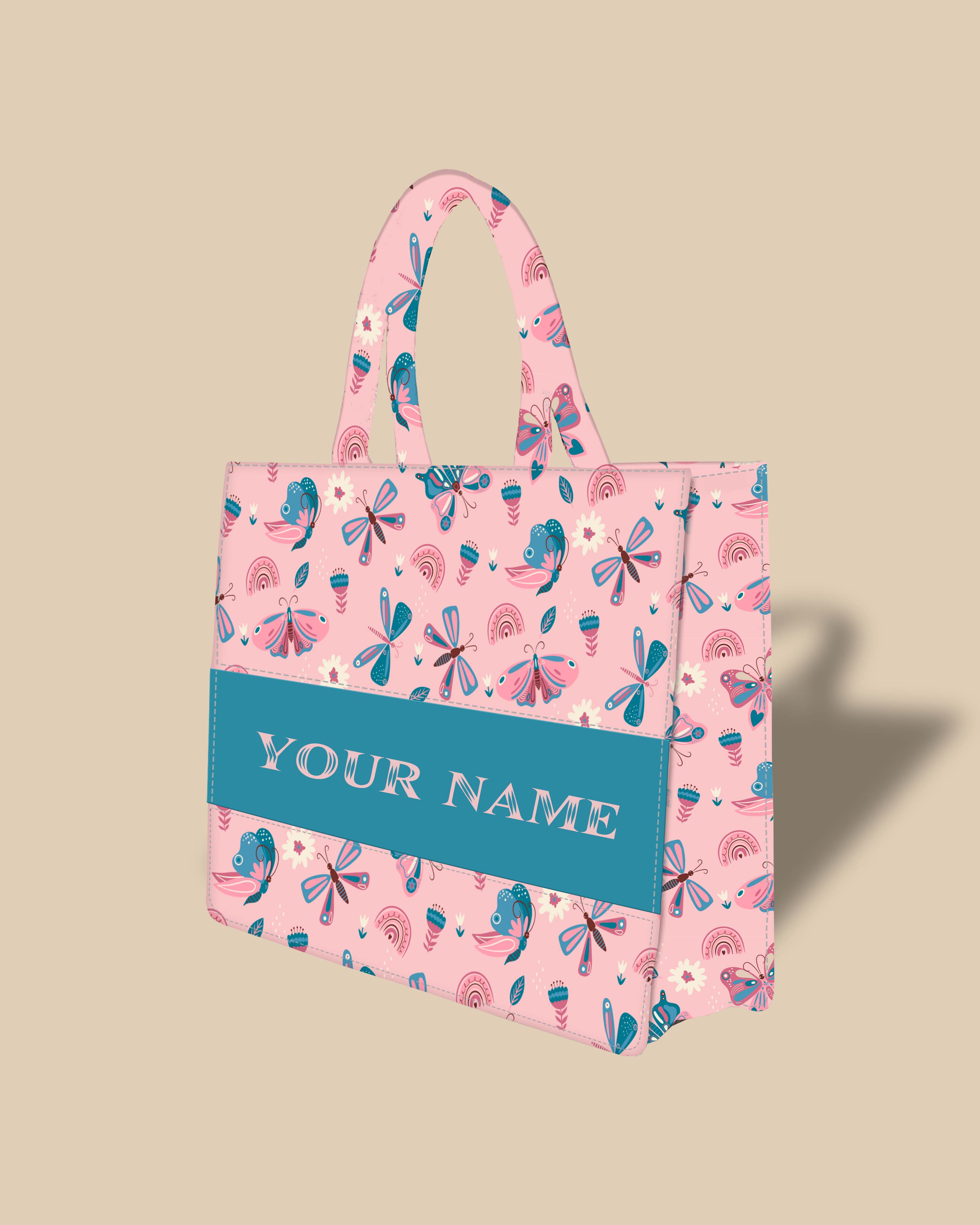 Customized Tote Bag Designed with Elegant Blues And Pink Butterflies