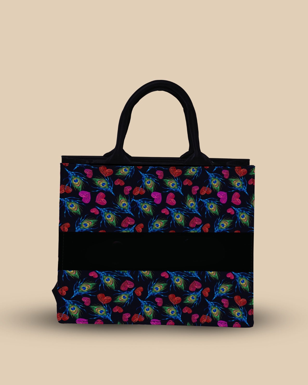 Customized Small Tote Bag Designed With Colourfull Peacock Feather And Heart Pattern